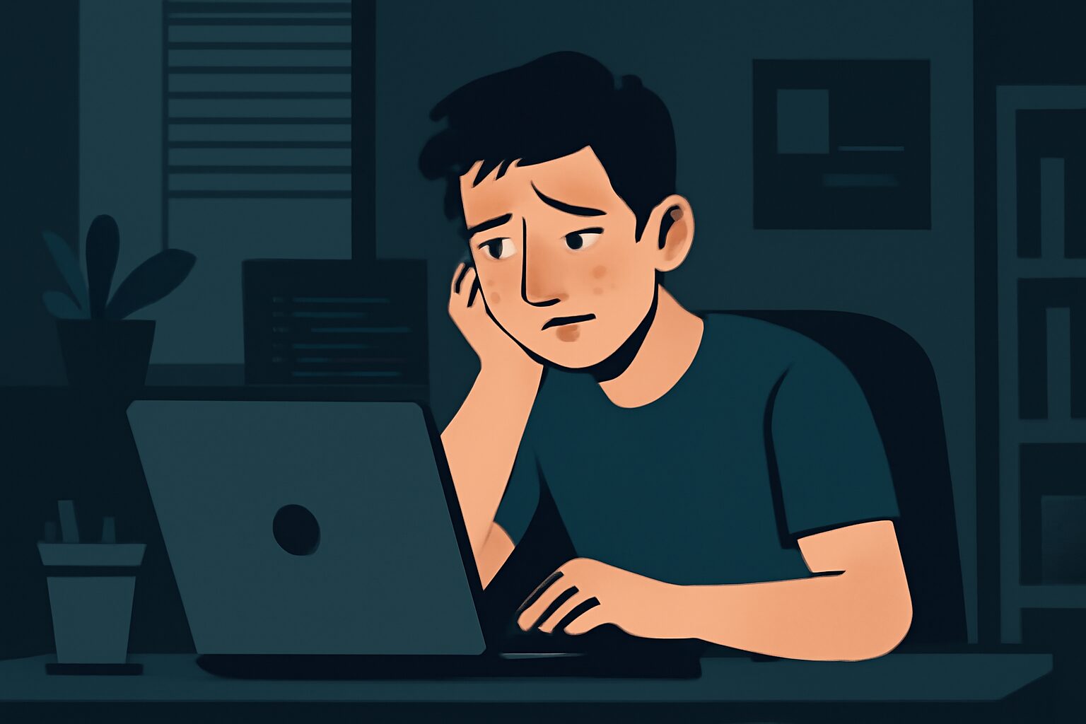 疲弊した表情でパソコンに向かうエンジニアのフラットイラスト、オフィス環境、暗めの配色、テキストなし