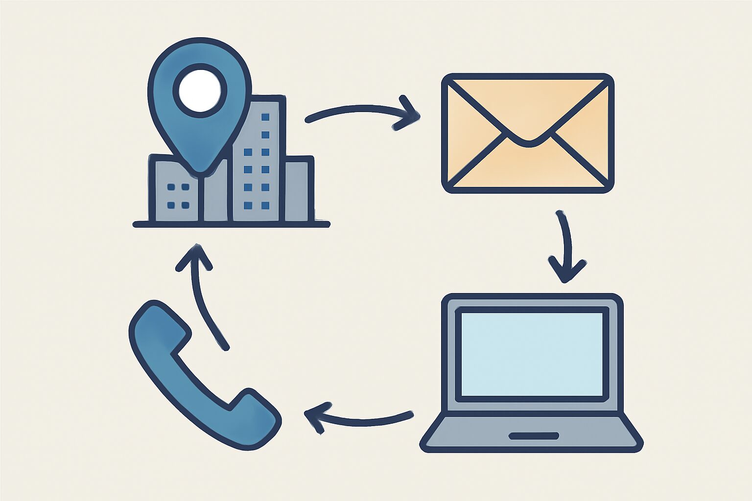 バーチャルオフィスのサービス構成を示すフラットデザインのイラスト。都市のビルの住所アイコン・郵便物・電話・PCが矢印でつ