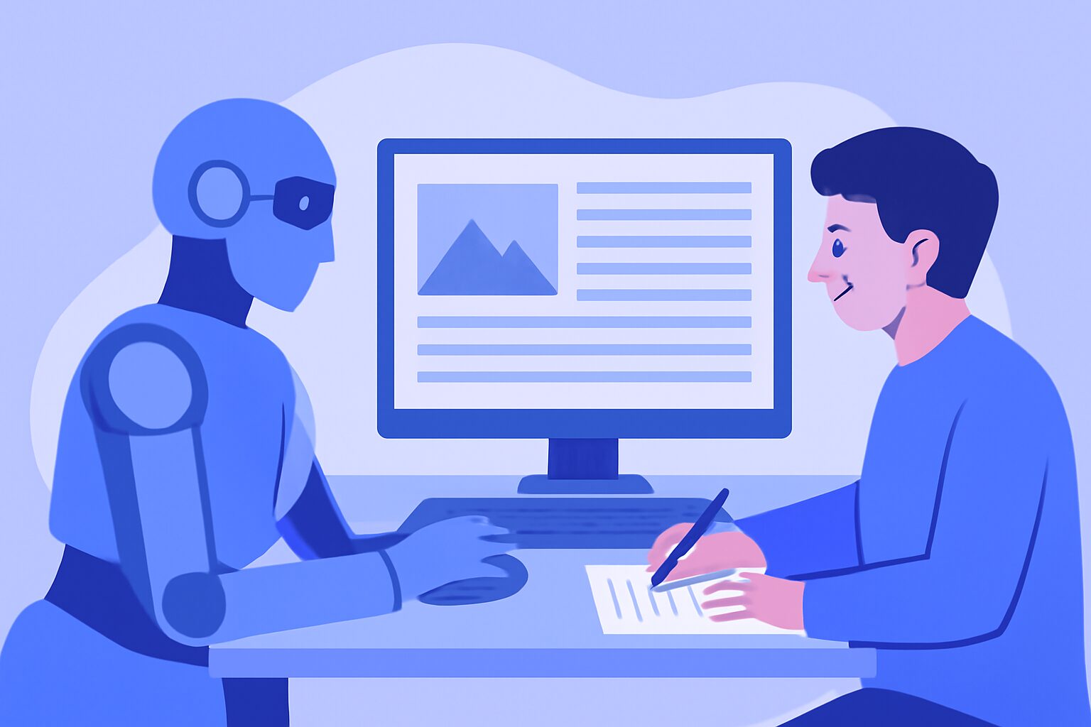 AIとWebライターが協働しているイメージのフラットイラスト、ロボットと人間が同じ画面を見ている構図、ブルーとパープル系