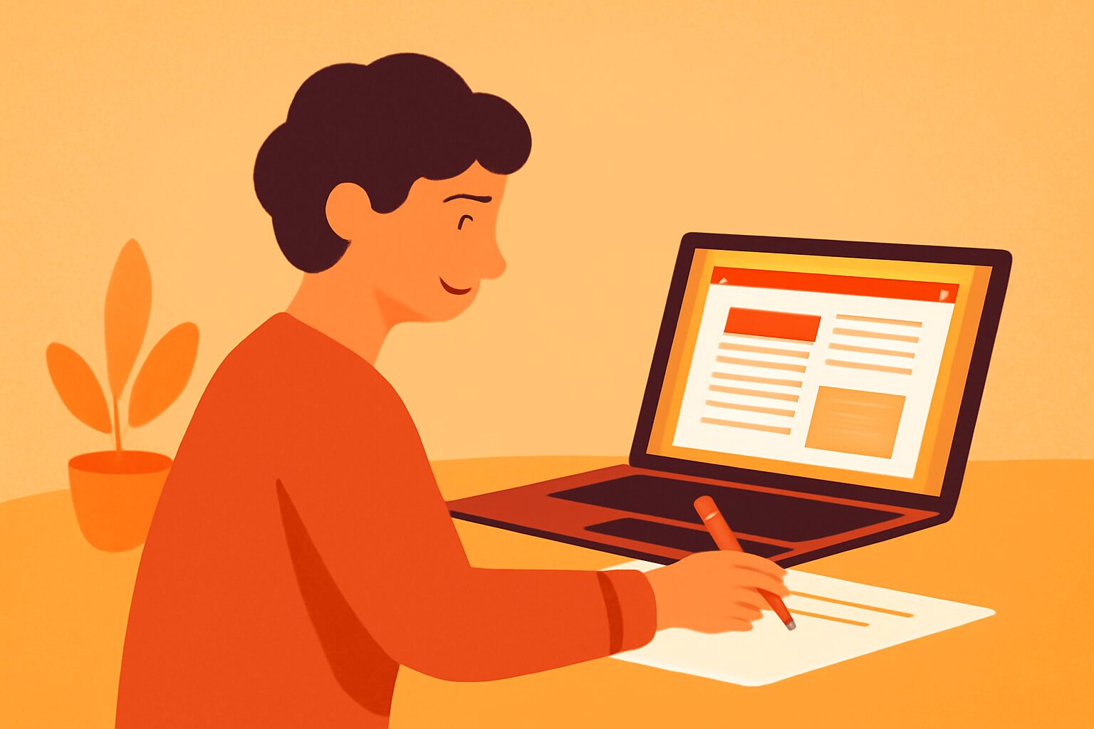 パソコンの前でWebライティングの作業をしている人物のフラットイラスト、暖色系カラー、テキストなし