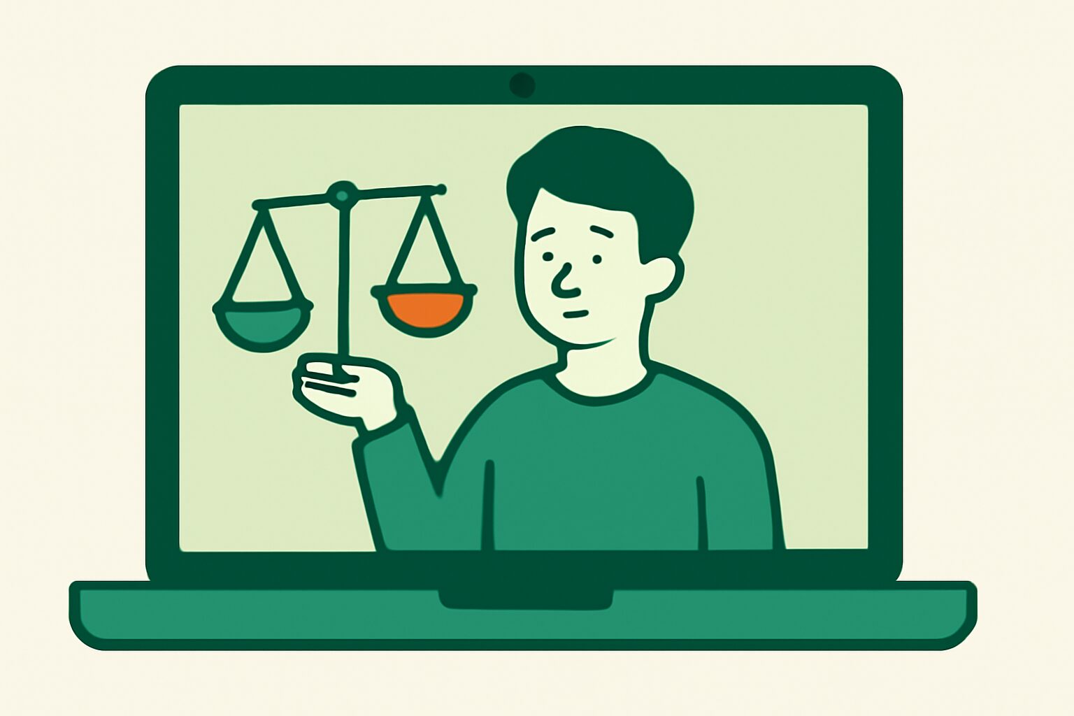 パソコン画面にメリット・デメリットの天秤を持つ人物のフラットイラスト、グリーンとオレンジのカラー配色、テキストなし
