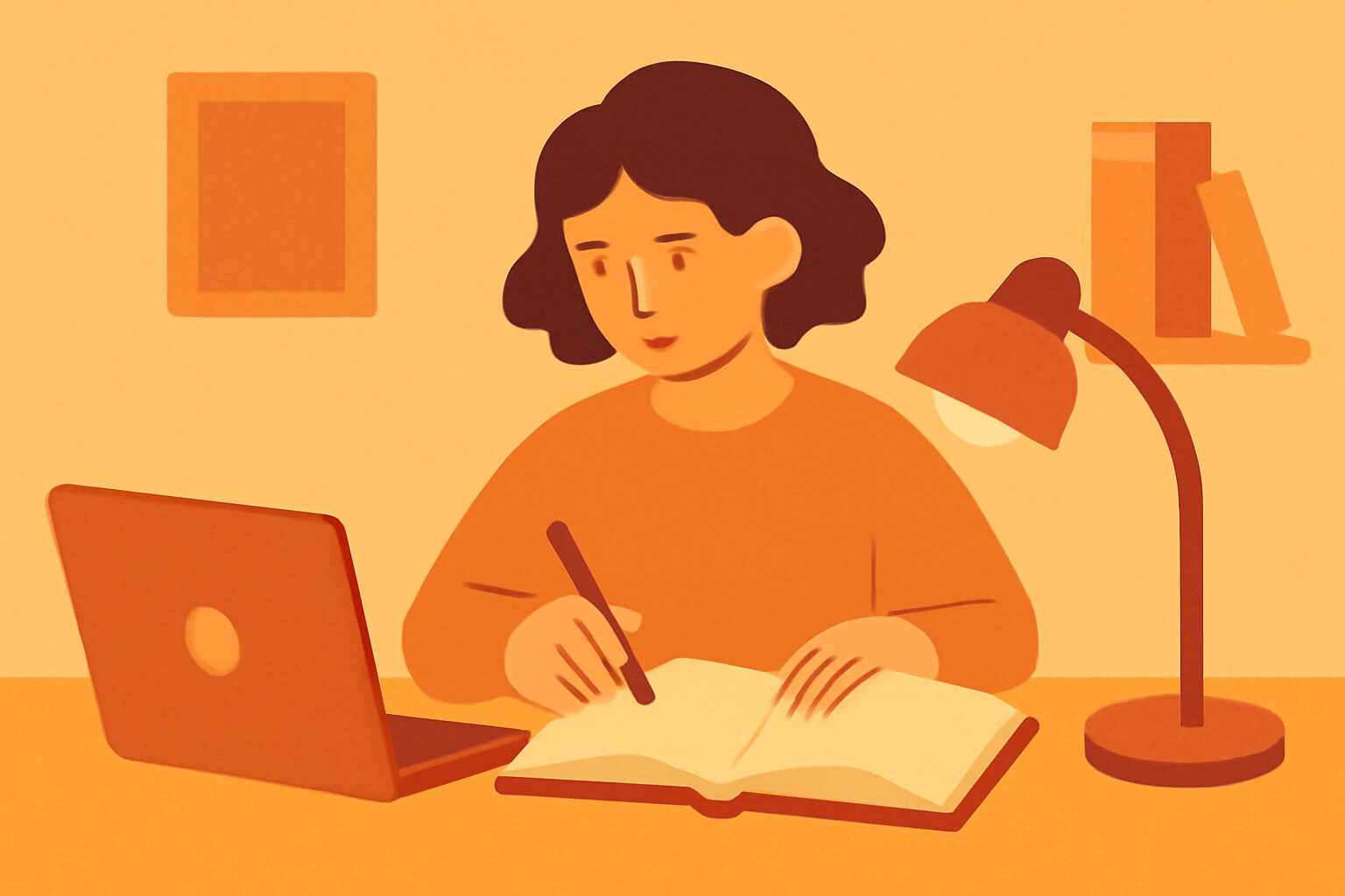 パソコンの前でノートを広げて独学している人物のフラットイラスト、暖色系カラー、テキストなし