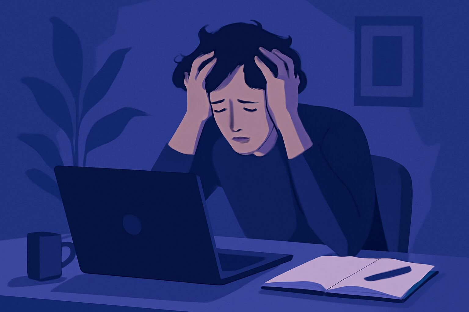 パソコンの前で頭を抱えるフリーランスライターのフラットイラスト、暗めの青紫系カラー、テキストなし