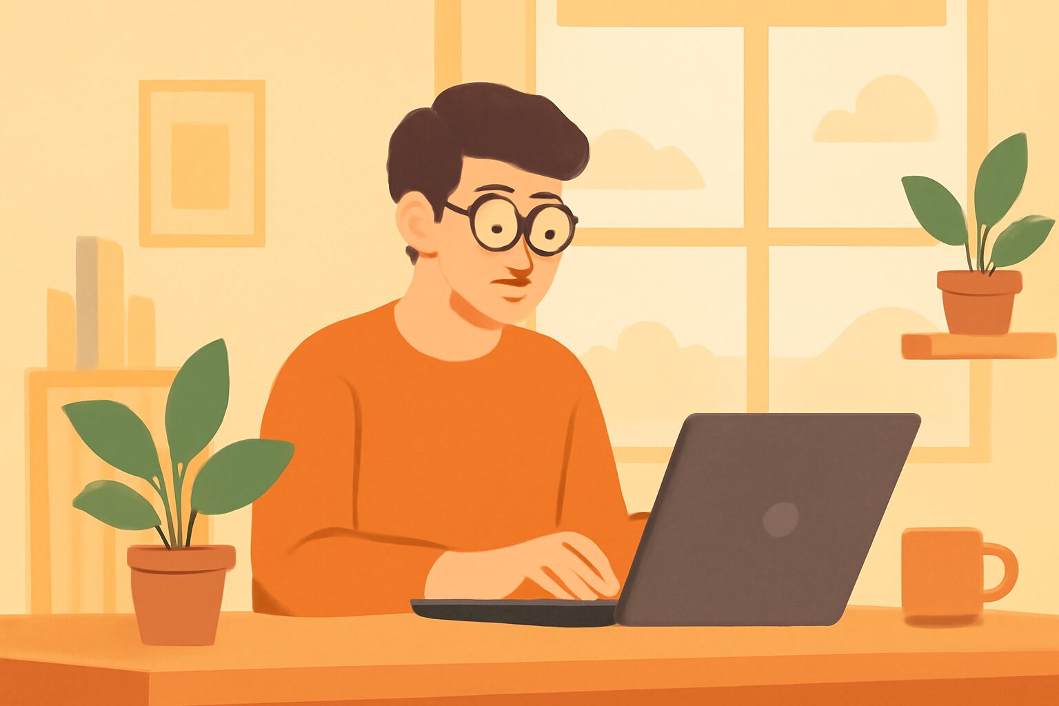 明るい自宅の仕事部屋でノートパソコンに向かうフリーランスのフラットイラスト、デスクに観葉植物とコーヒーカップ、暖色系、テ