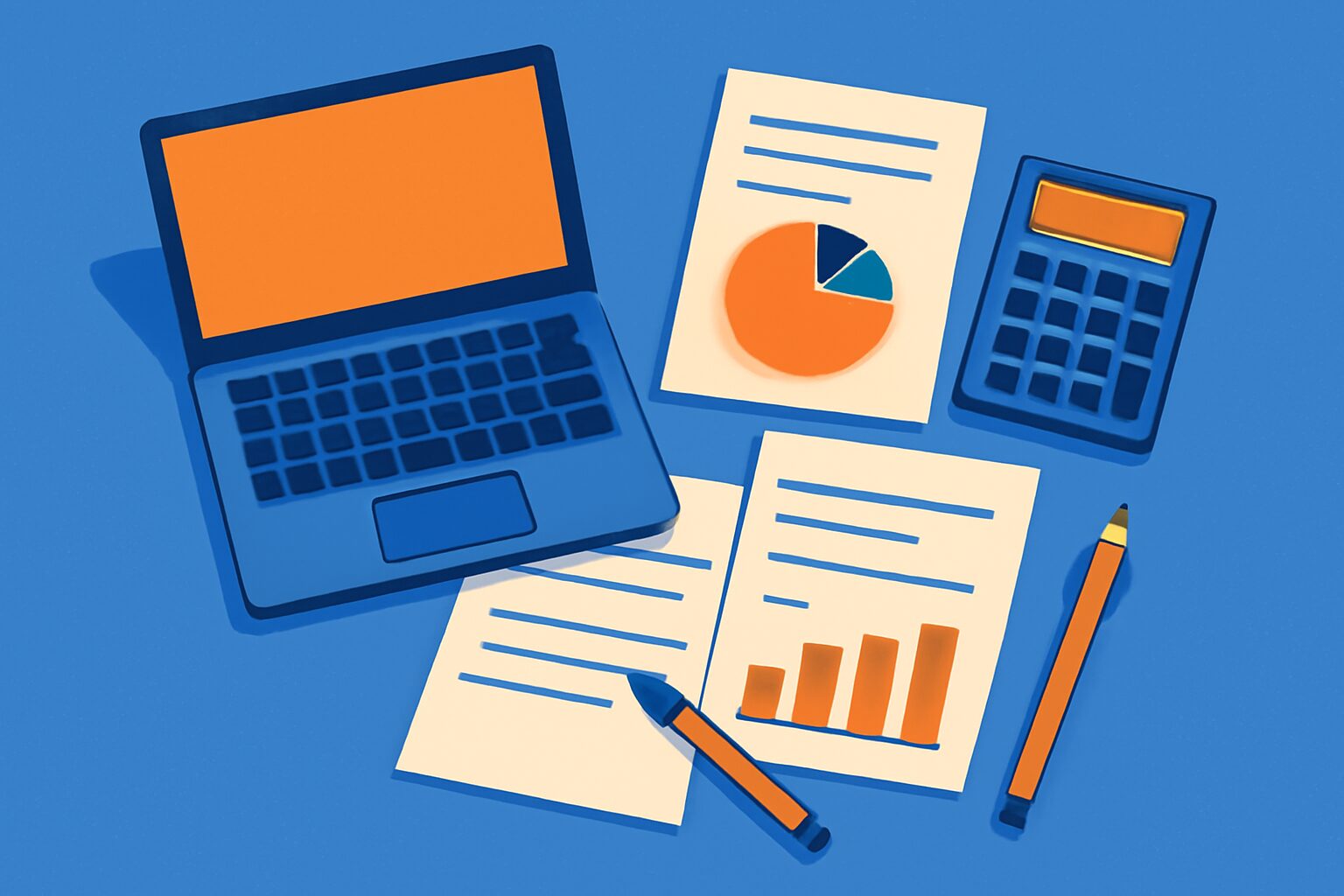 デスクの上にノートパソコンと電卓と書類が散らばっている様子のフラットイラスト、青とオレンジの配色、テキストなし