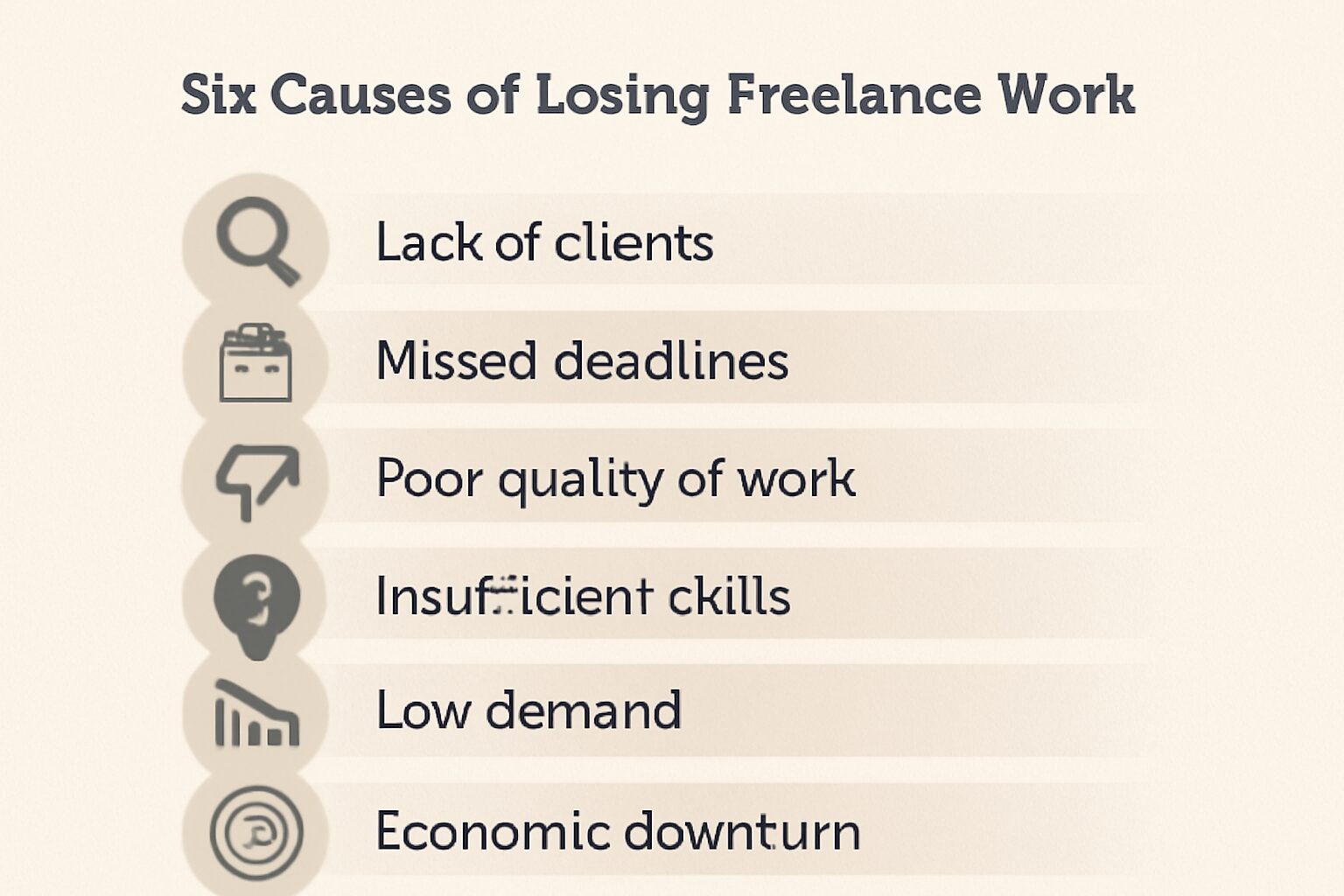 フリーランスの仕事がなくなる6つの原因を示すリスト図