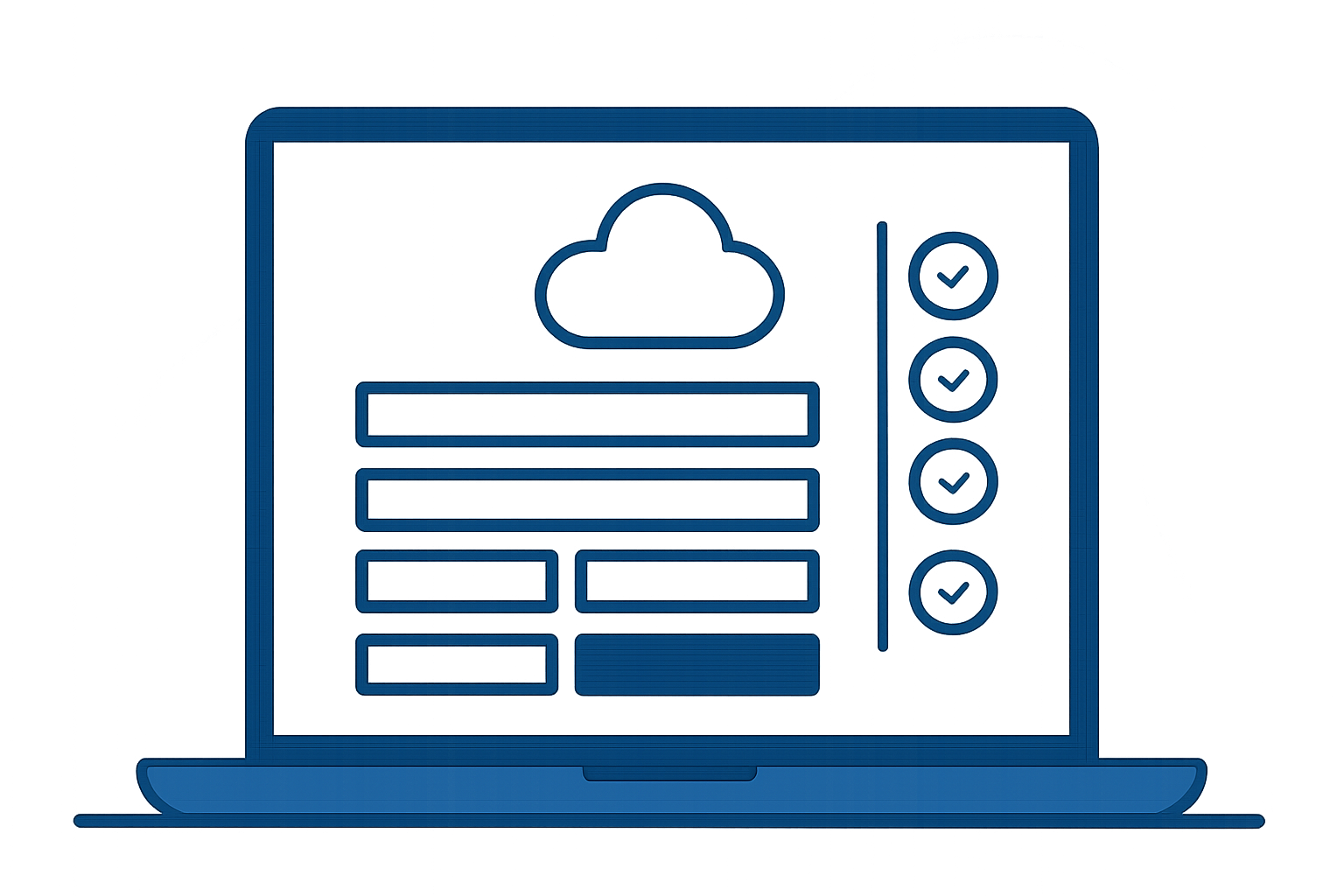 パソコン画面にクラウドソーシングの登録フォームが表示されているフラットイラスト、青と白のカラースキーム、ステップを示すチ