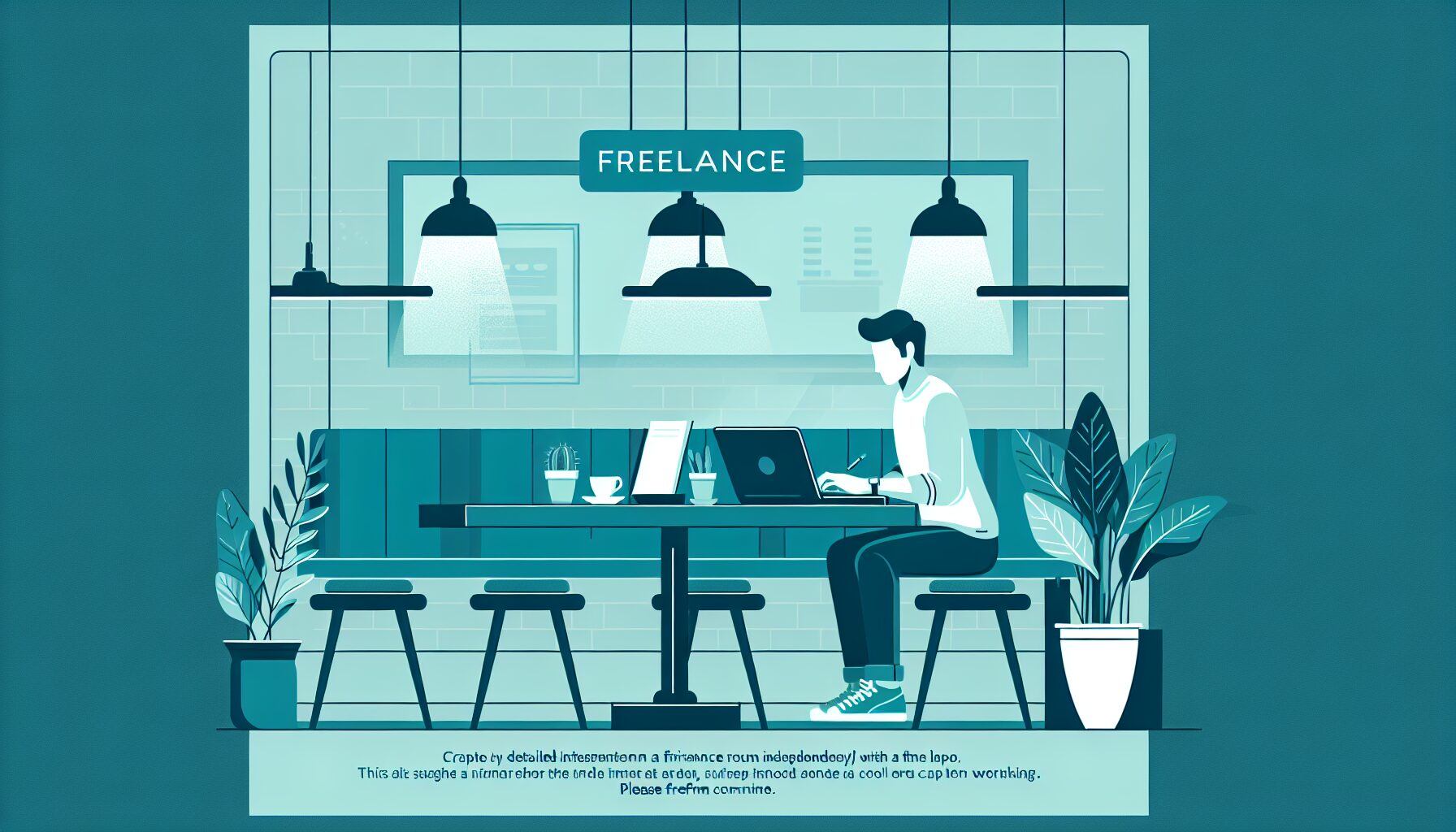 フリーランスがノートPCを前に自由に働いているフラットイラスト、カフェ風の背景、ティール系カラー、テキストなし