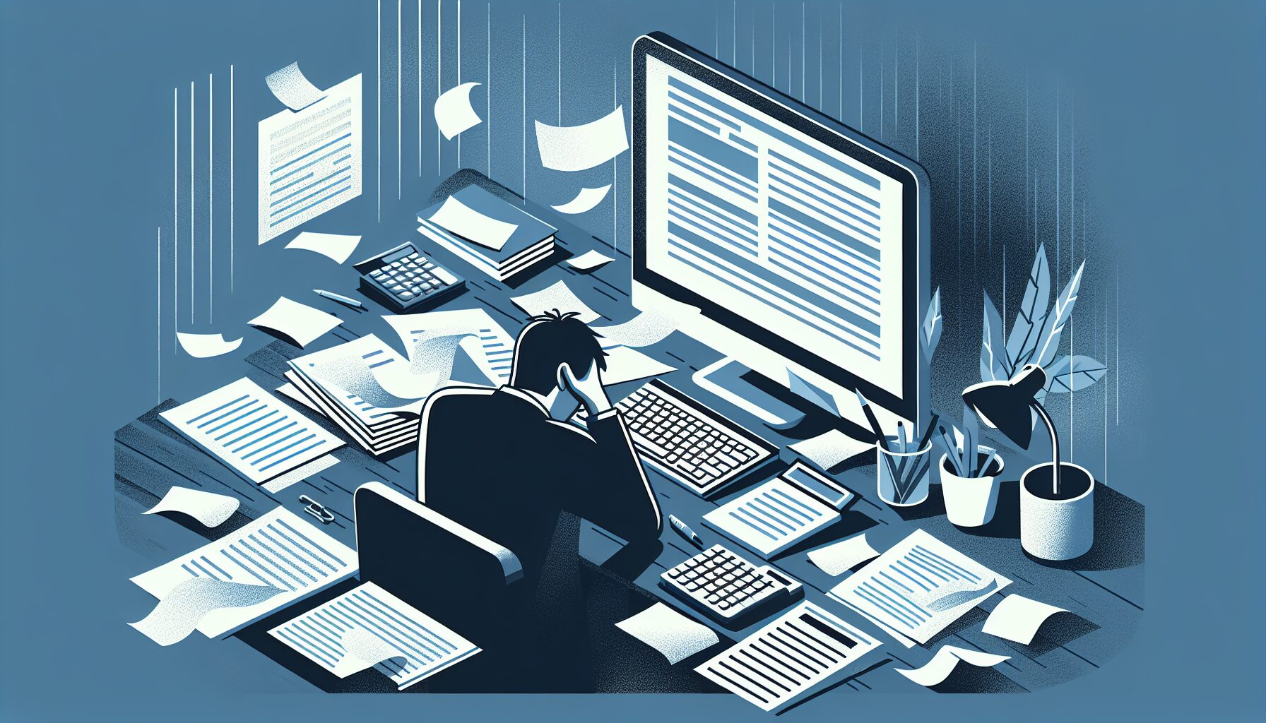 デスクの上にパソコン・電卓・書類が散らばり、頭を抱えている人物のフラットイラスト、グレーと青のトーン、テキストなし