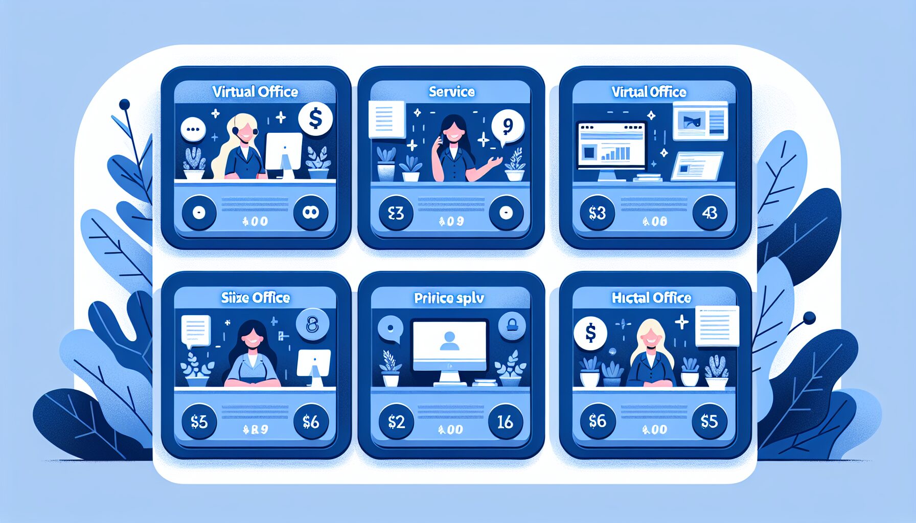 6つのバーチャルオフィスサービスをカード型に並べた料金比較レイアウトのフラットイラスト、ブルー系カラー、テキストなし
