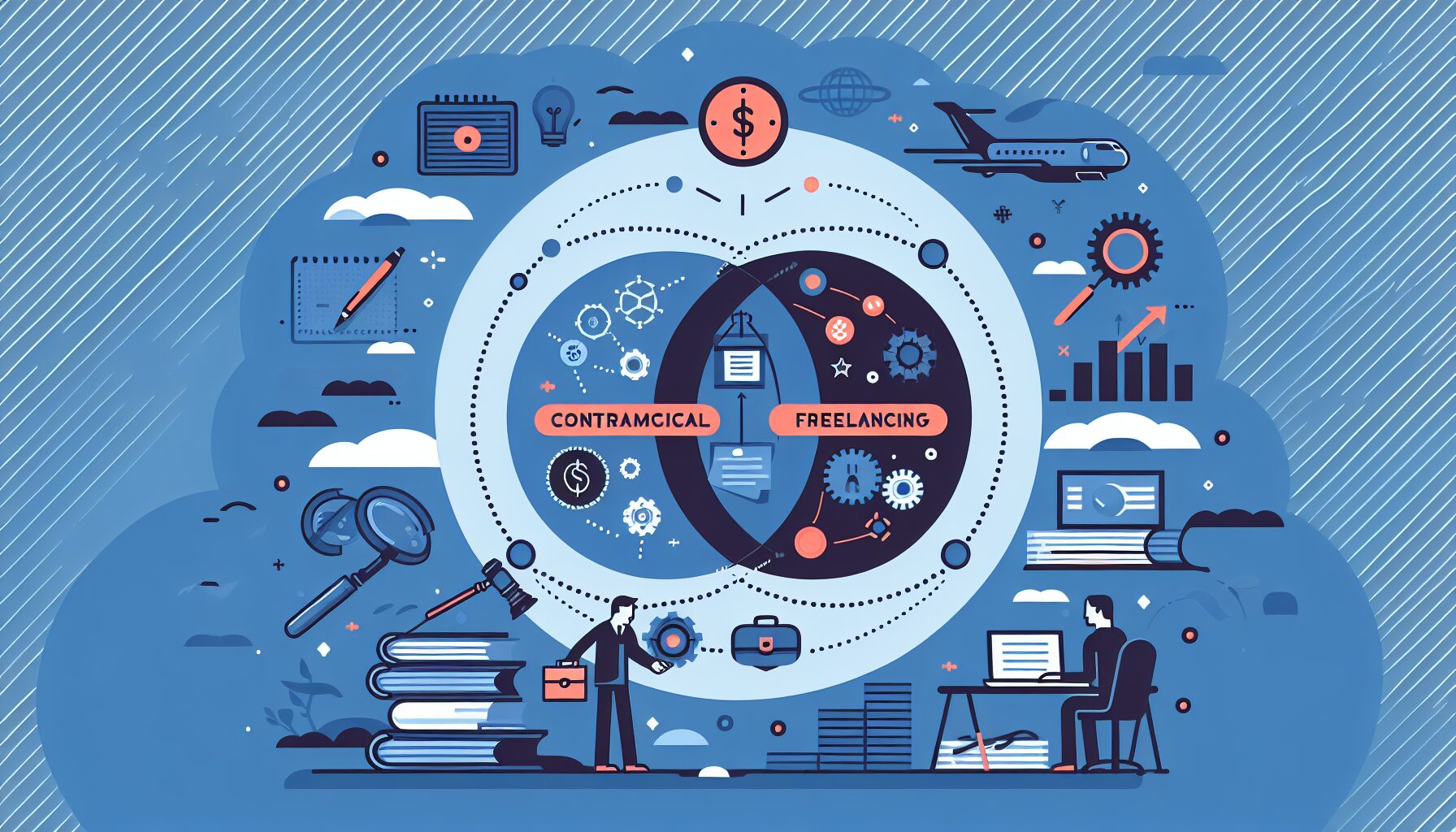 業務委託とフリーランスの関係性をベン図で示したフラットイラスト、インディゴ系カラー、テキストなし