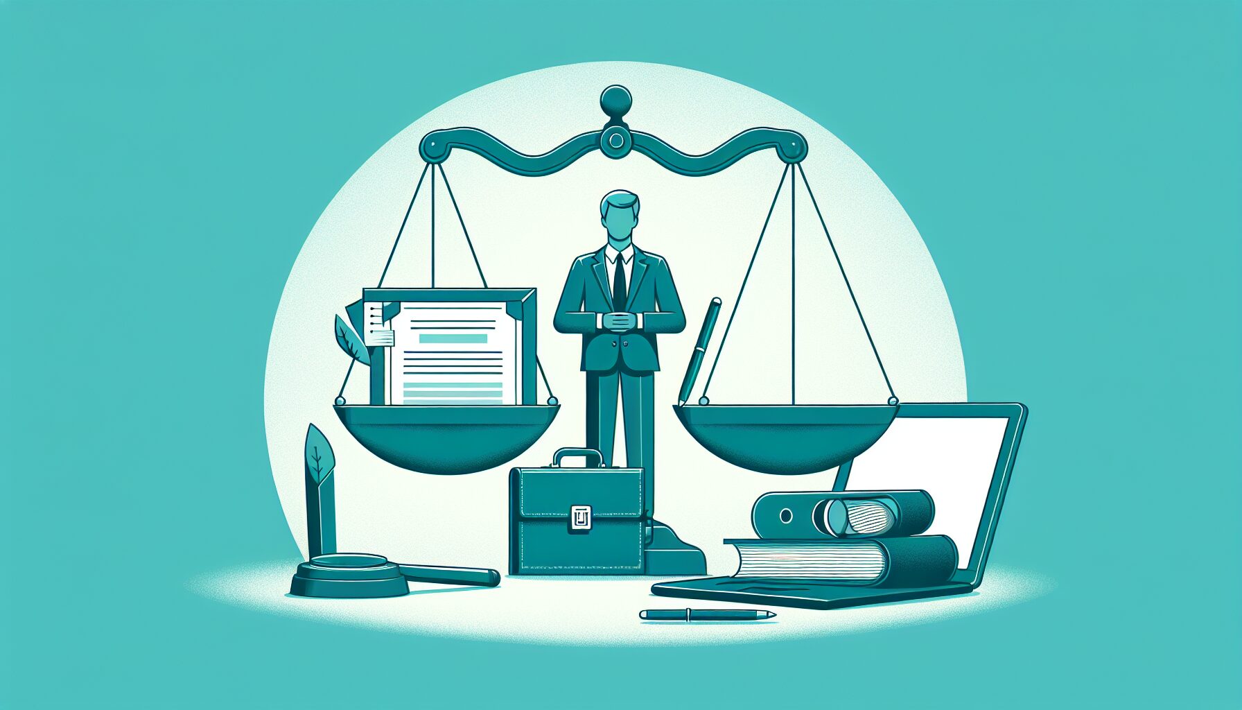 資格証明書とノートPCのポートフォリオを天秤にかけたフラットイラスト、ティール系カラー、テキストなし