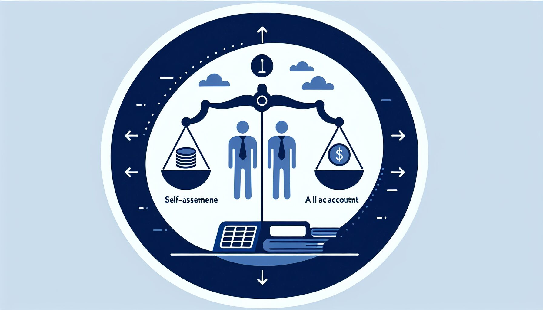 天秤の左右に自力申告と税理士依頼を配置した判断フロー図のフラットイラスト、インディゴ系カラー、テキストなし