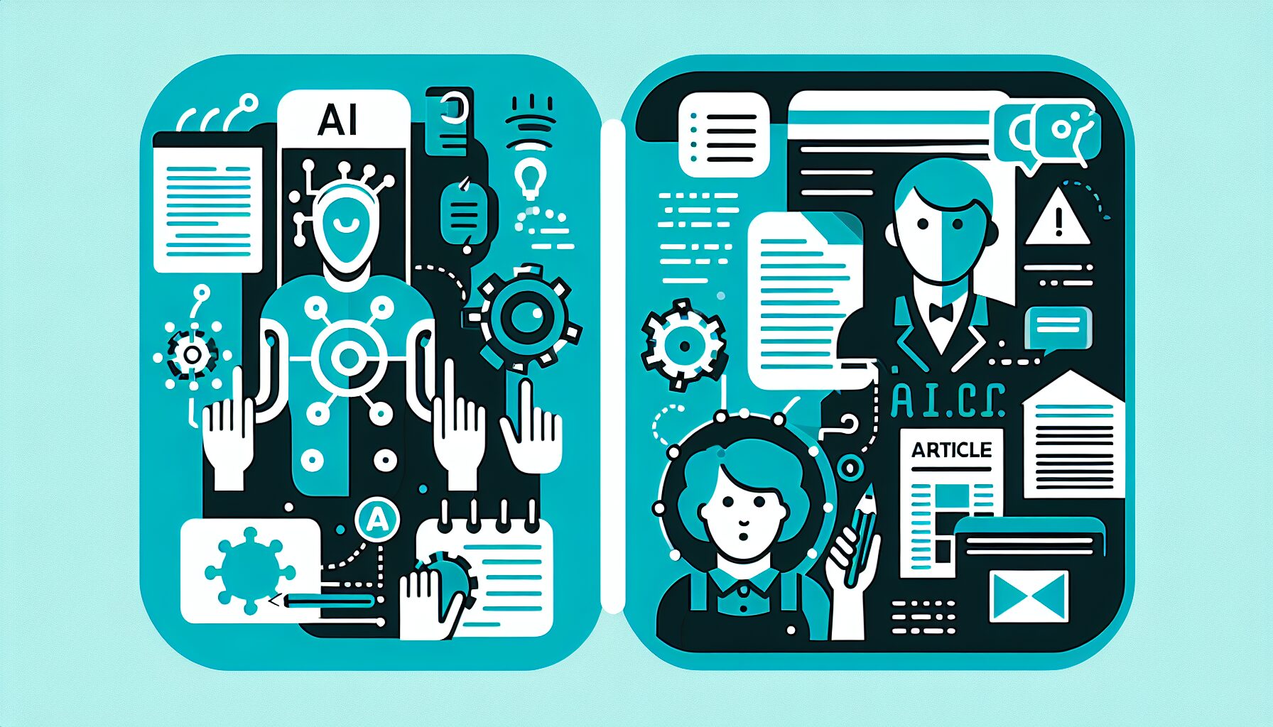AIと人間がそれぞれの得意領域で協力して記事を作っている様子のフラットイラスト、左側にAIアイコン(情報整理・下書き)、