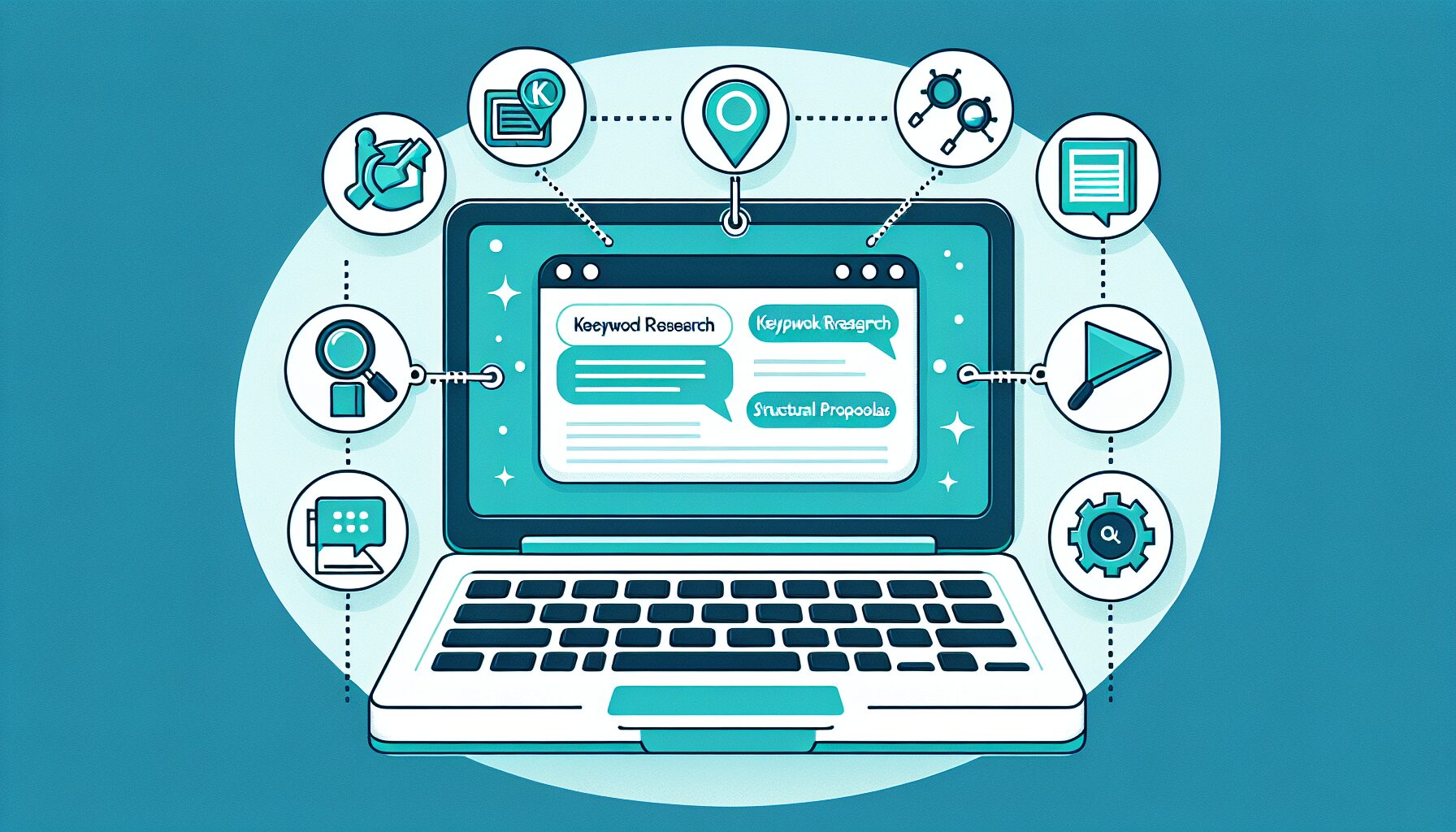 ノートPCの画面にChatGPTのチャット画面が映り、周囲にキーワードリサーチ・構成案・下書き・リライトのアイコンが浮か