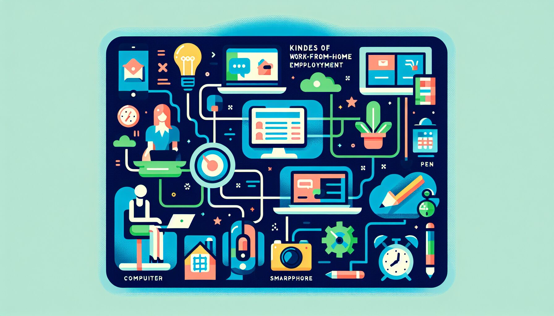 在宅副業の種類をカテゴリ別に並べたインフォグラフィック風のフラットイラスト。パソコン・スマホ・カメラ・ペンなどのアイコン