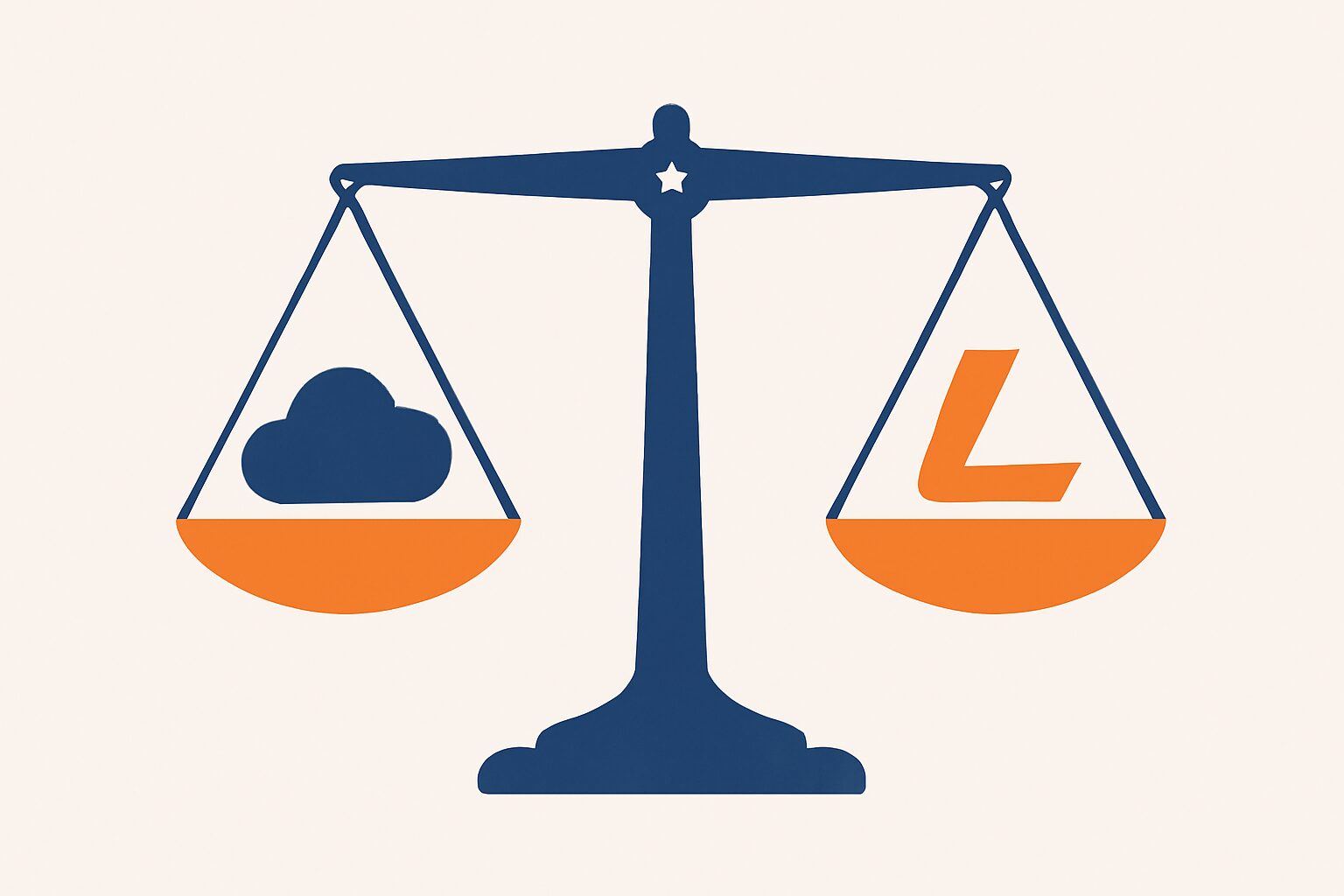 クラウドワークスとランサーズの2つのサービスを天秤で比較するフラットイラスト、青とオレンジの2色構成、テキストなし