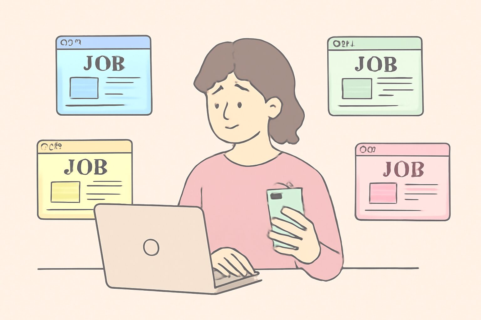 ノートパソコンとスマートフォンを使って複数の求人サイトを閲覧している人物のフラットイラスト、パステルカラー、テキストなし