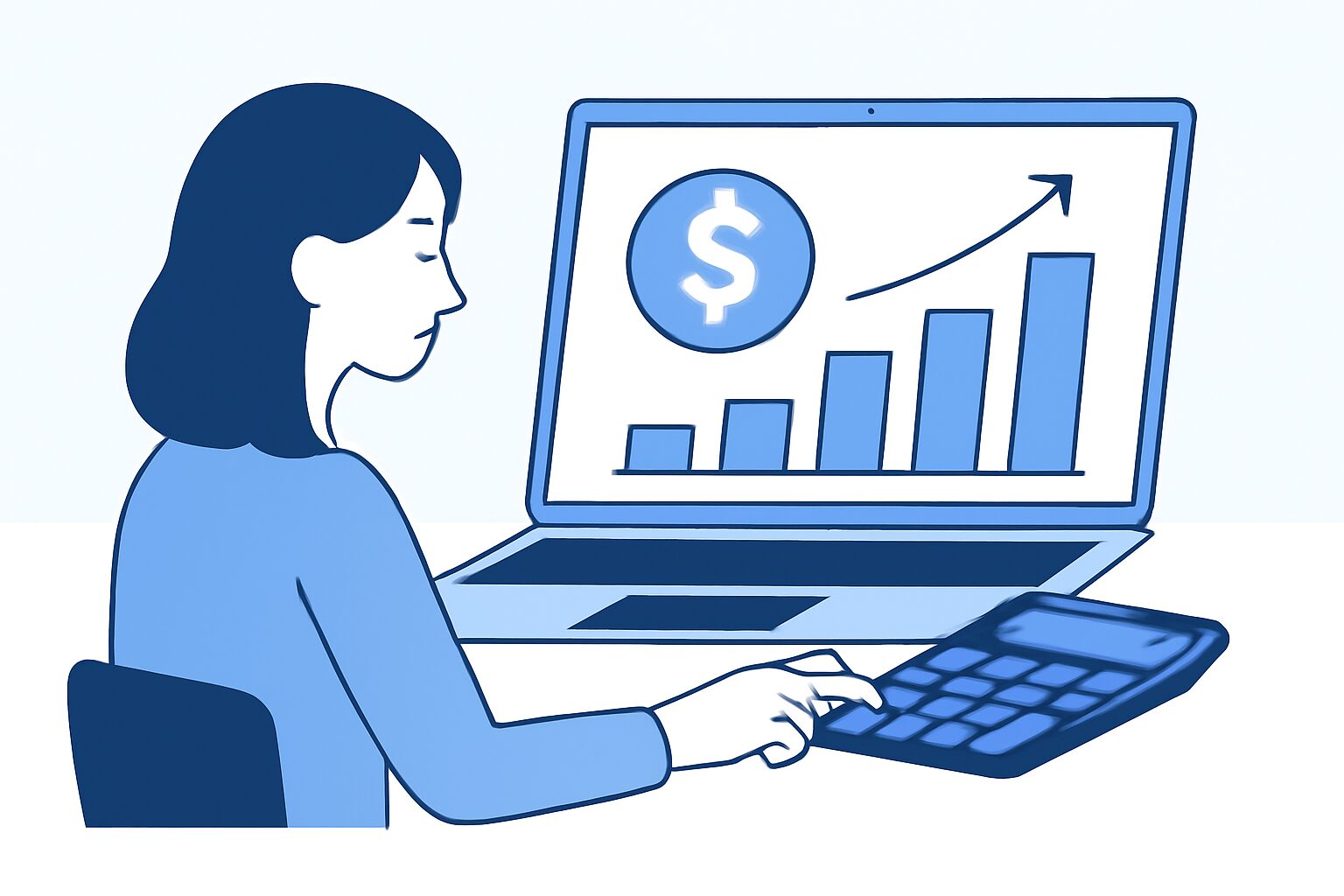 パソコン画面に表示された報酬グラフと電卓を操作するWebライターのフラットイラスト、青と白の配色、テキストなし