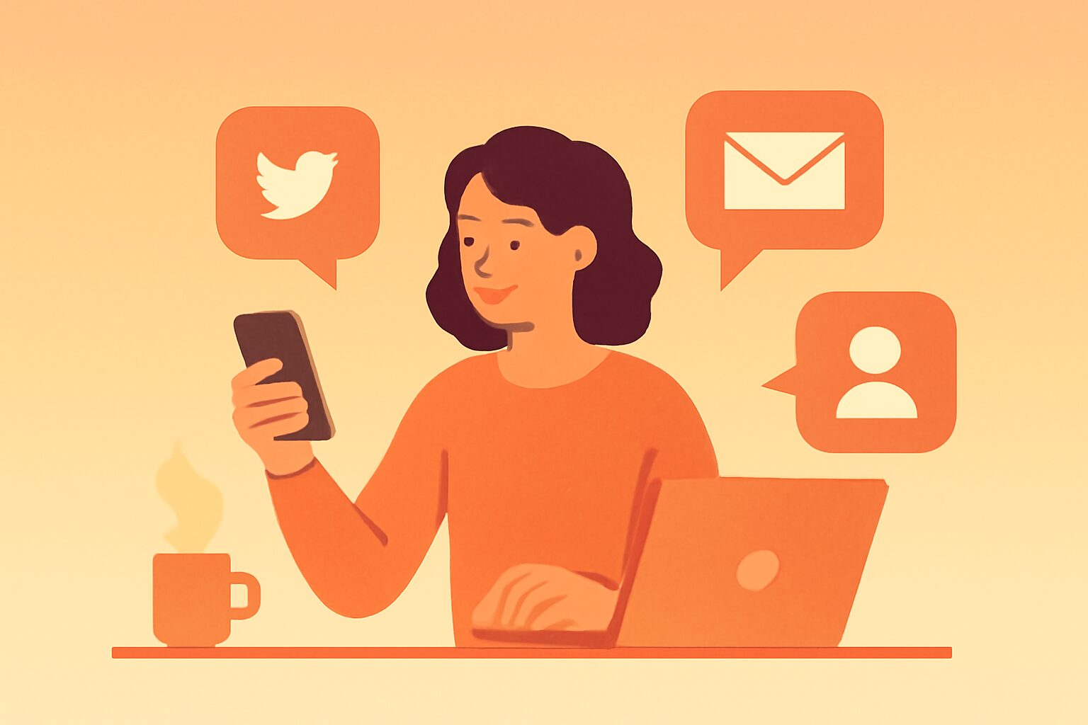 フリーランスが複数の営業チャネル（SNS・メール・対面など）を使い分けている様子のフラットイラスト、暖色系グラデーション