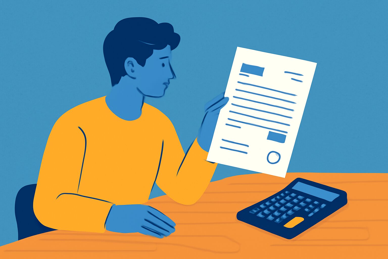 デスクの上に請求書と電卓が置かれ、フリーランスが書類を確認しているフラットイラスト、青とオレンジのカラー、テキストなし