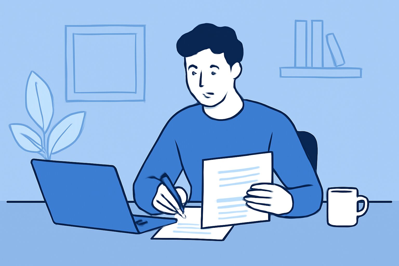 フリーランスがデスクで契約書類を確認しているフラットイラスト、青と白の配色、テキストなし