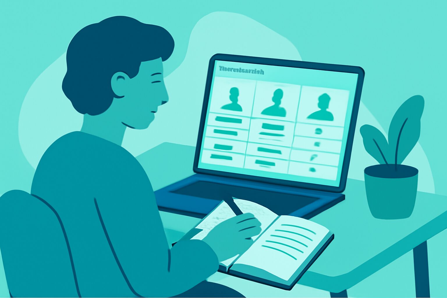 フリーランスが複数のエージェントを比較検討しているフラットイラスト。パソコンの画面に比較表が表示されており、人物がメモを