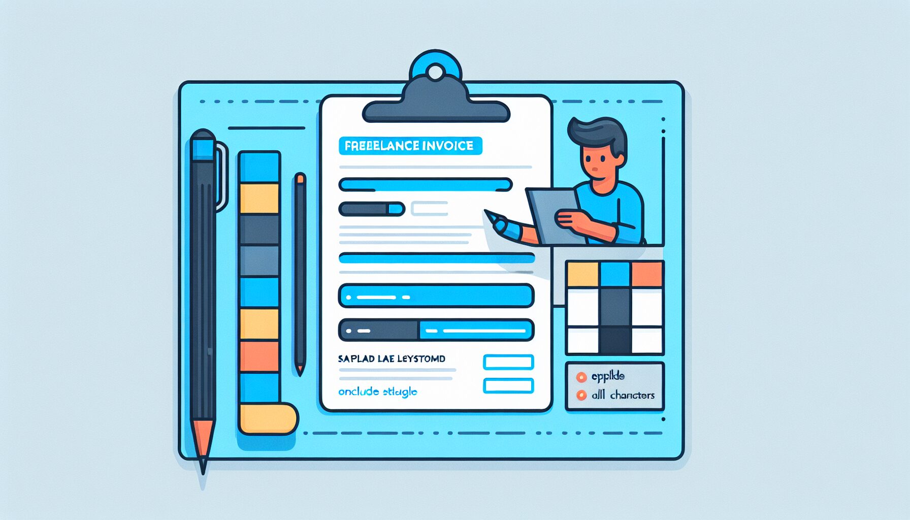 フリーランスの請求書サンプルレイアウトを示すフラットデザインのイラスト、記載項目をラベル付きで配置、ブルー系カラー、テキ