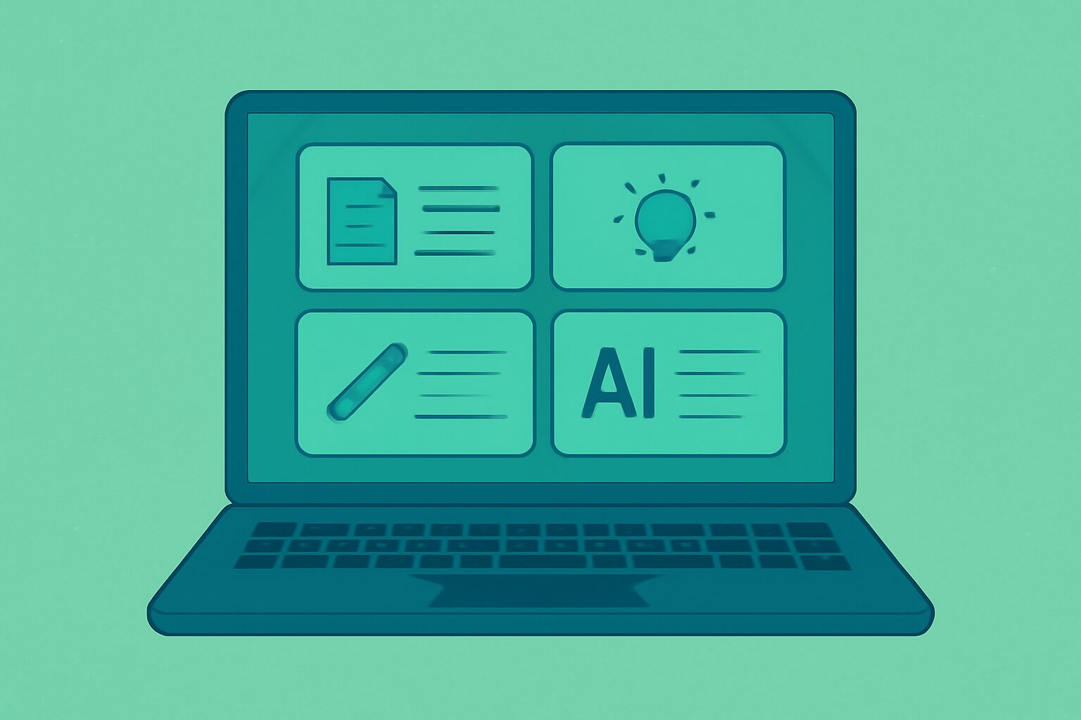 複数のAIライティングツールのUIが並んだノートパソコン画面のフラットイラスト、グリーンとブルー系カラー、テキストなし