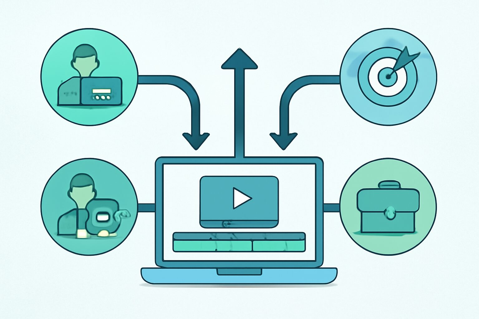 動画編集スクールを目的別に分類した早見表のフラットイラスト、パソコン画面と矢印で4カテゴリに分岐するビジュアル、青・緑系