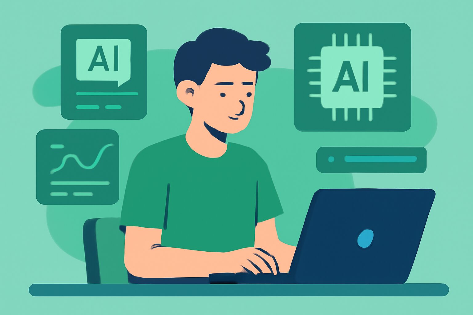 AIツールを使って副業作業をする人物のフラットイラスト。デスクにノートパソコンと複数のAIインターフェースが表示されてお