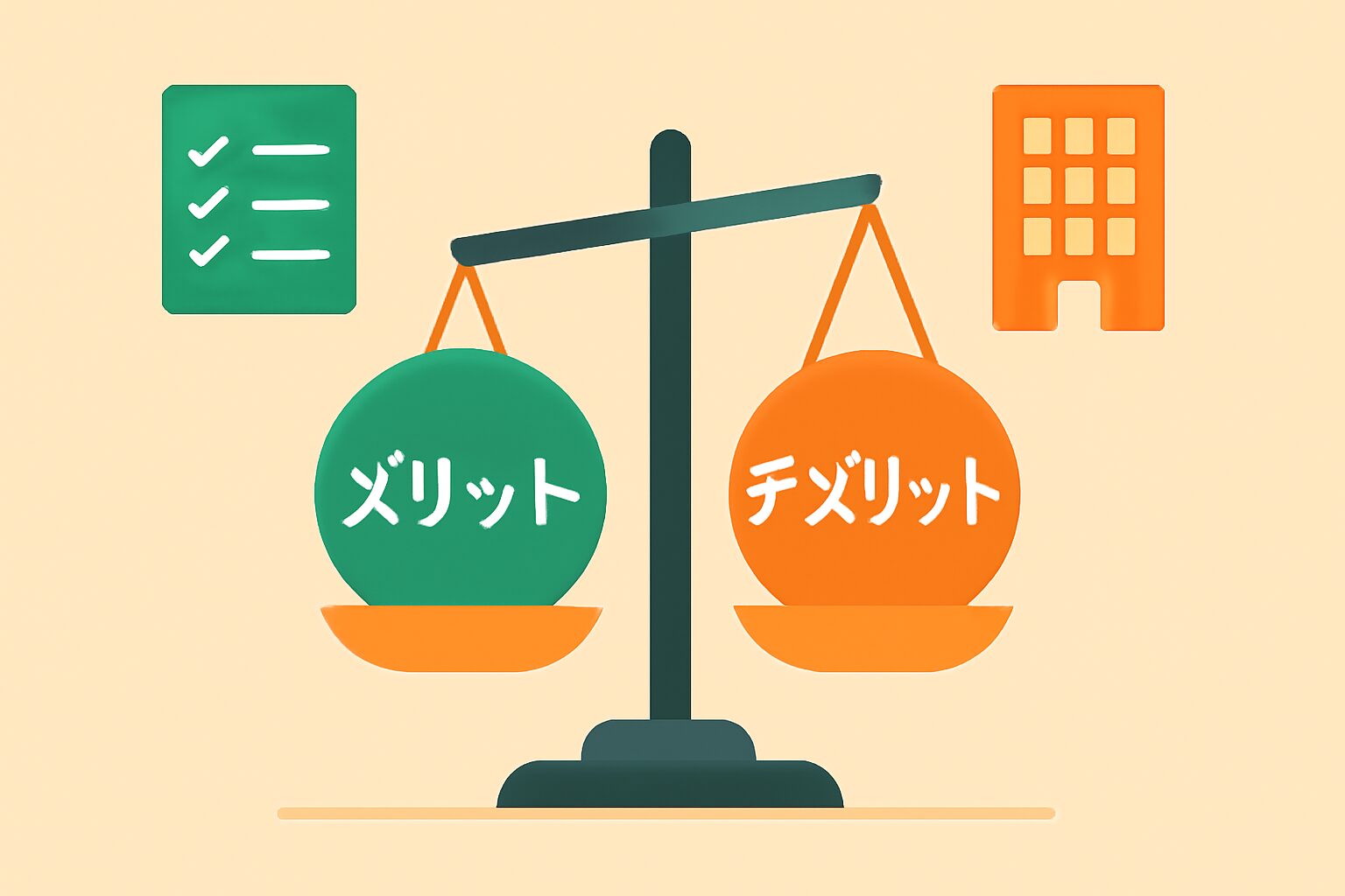 メリットとデメリットが天秤の上に乗っているバランスのフラットイラスト、チェックリストやオフィスビルのアイコンが周囲に配置