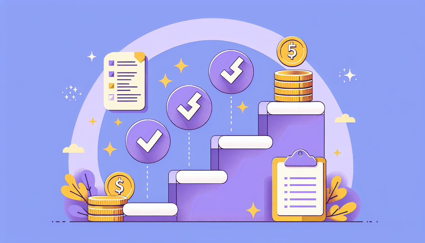 5つのステップを階段状に配置したフラットイラスト、チェックリストとコインのアイコン付き、ラベンダー系カラー、テキストなし