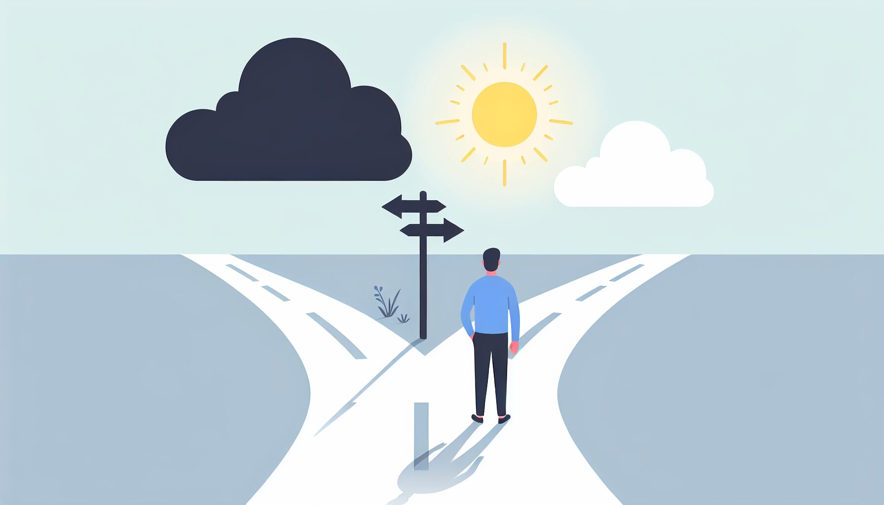 分岐点に立つ人物のフラットイラスト、片方の道には暗い雲・もう片方には明るい太陽、パステルカラー、テキストなし