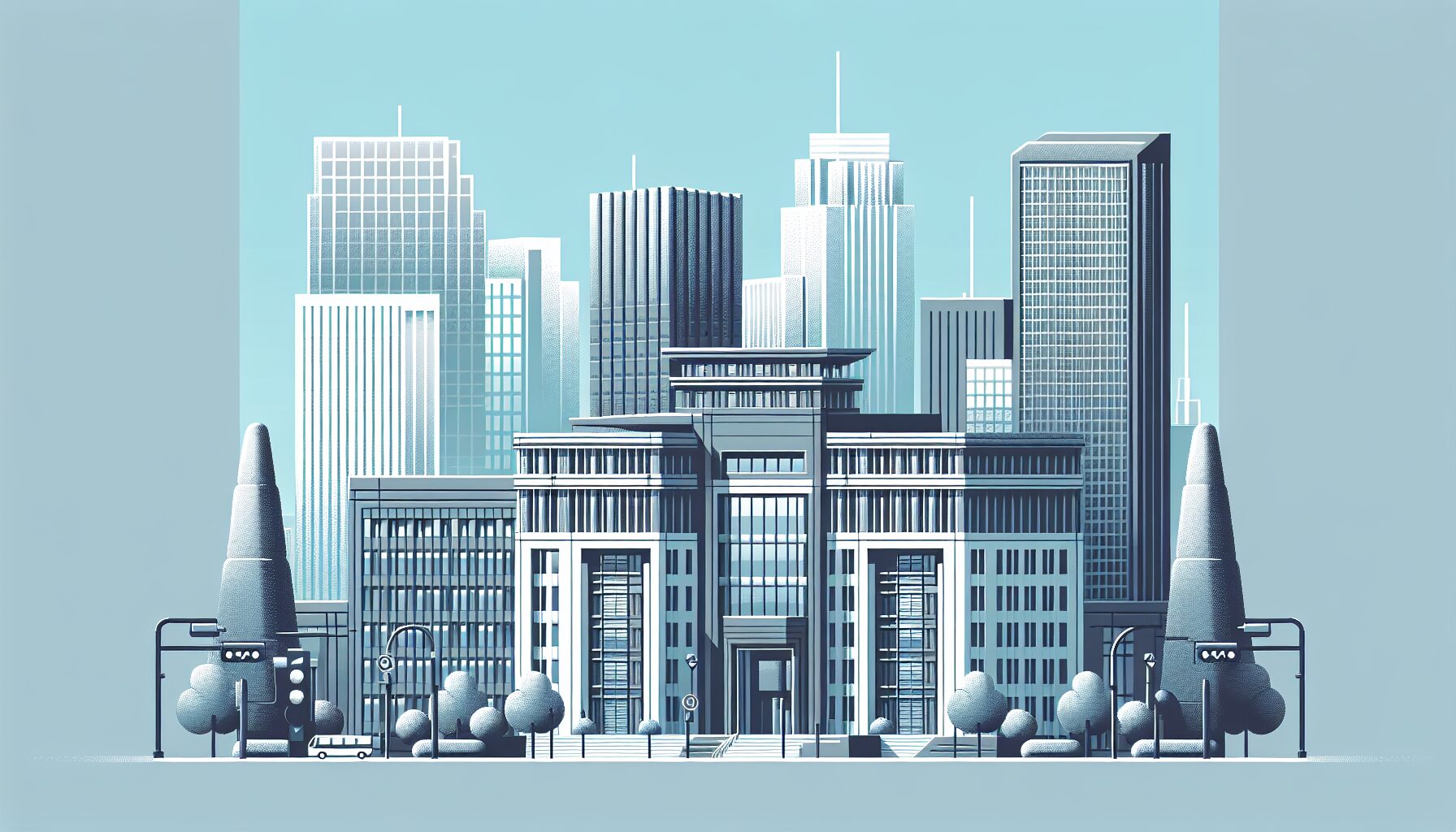 東京都内のオフィスビル外観とビジネス街のフラットイラスト、グレー・ブルー系カラー、テキストなし