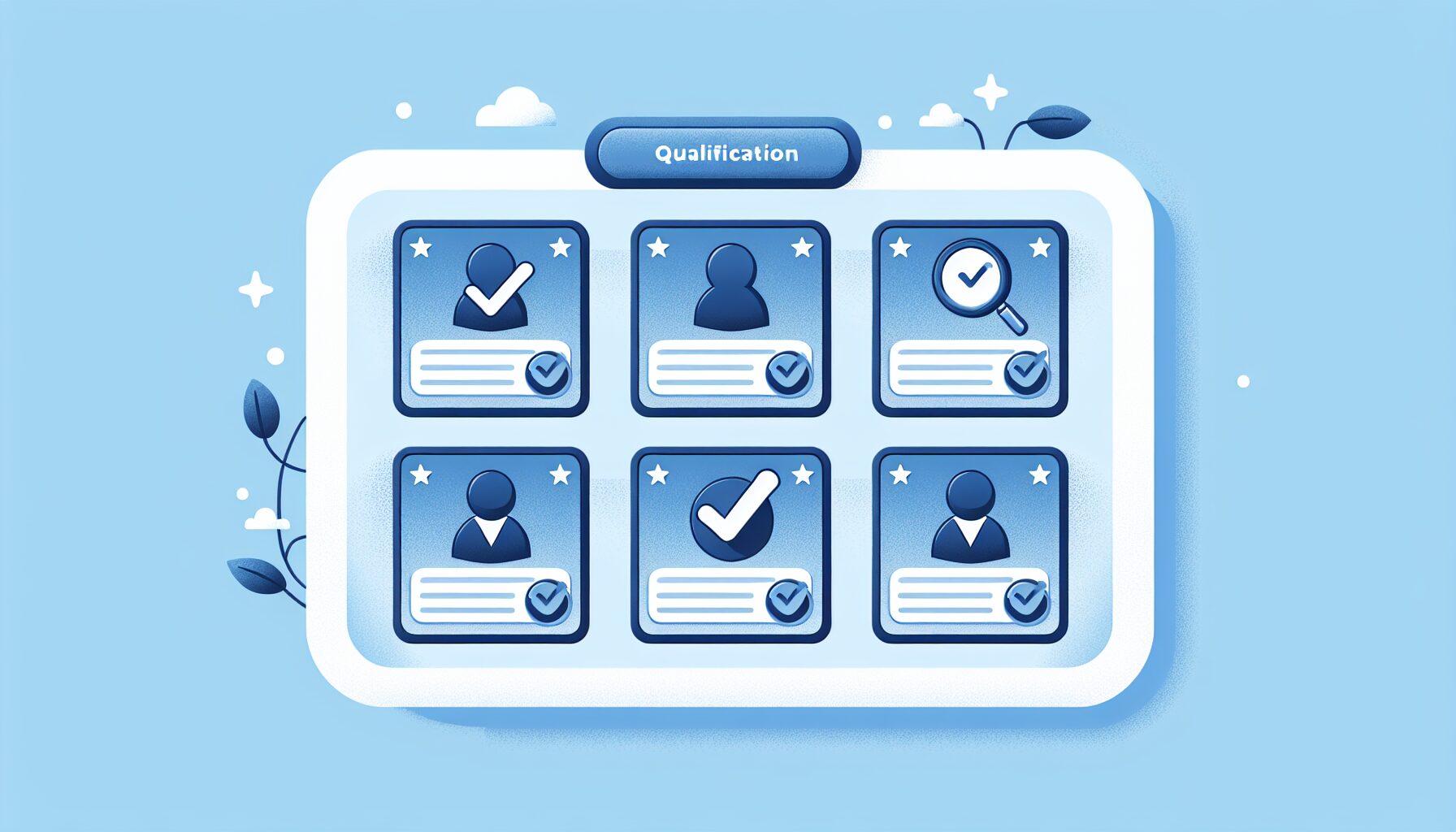 5枚の資格カードが優先度順に並んだフラットイラスト、ブルー系グラデーション、テキストなし