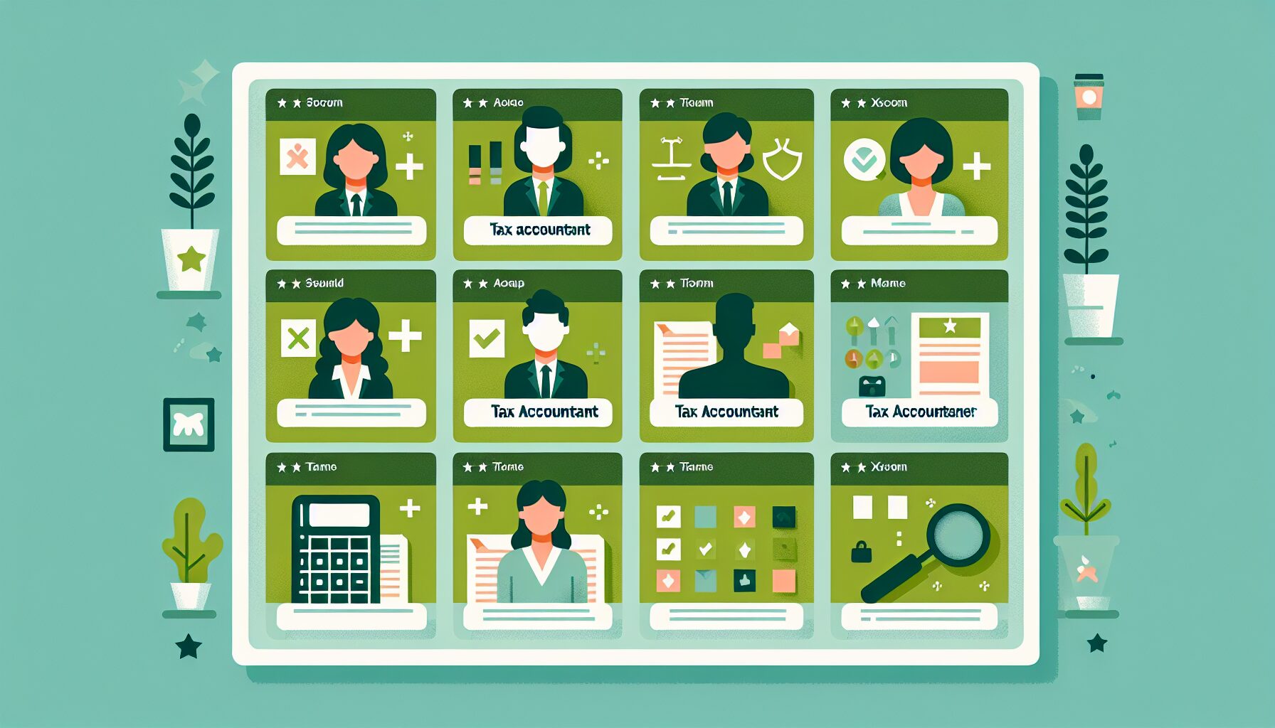 税理士の業務内容を種類別に分類したカード型レイアウトのフラットイラスト、グリーン系カラー、テキストなし