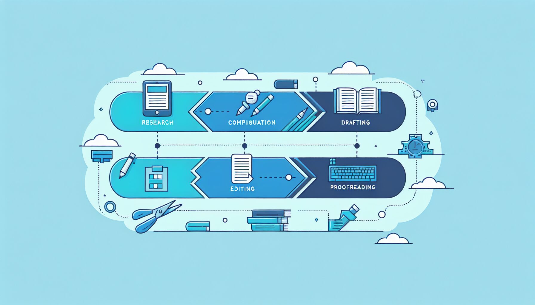 5つの工程(リサーチ→構成→下書き→編集→校正)を横並びのフロー図で示したフラットイラスト、現在の工程がハイライトされる