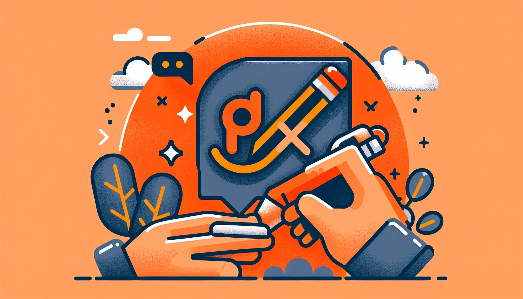 ChatGPTのロゴマークと「×」印が並び、その横に人間の手が編集ペンを持っている構図のフラットイラスト、オレンジ系カラ