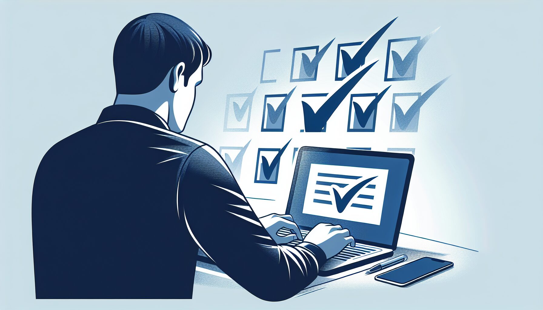 チェックリストを確認しながらノートパソコンに向かう人物のフラットイラスト。3つのチェックマークが並んでいる。インディゴ・