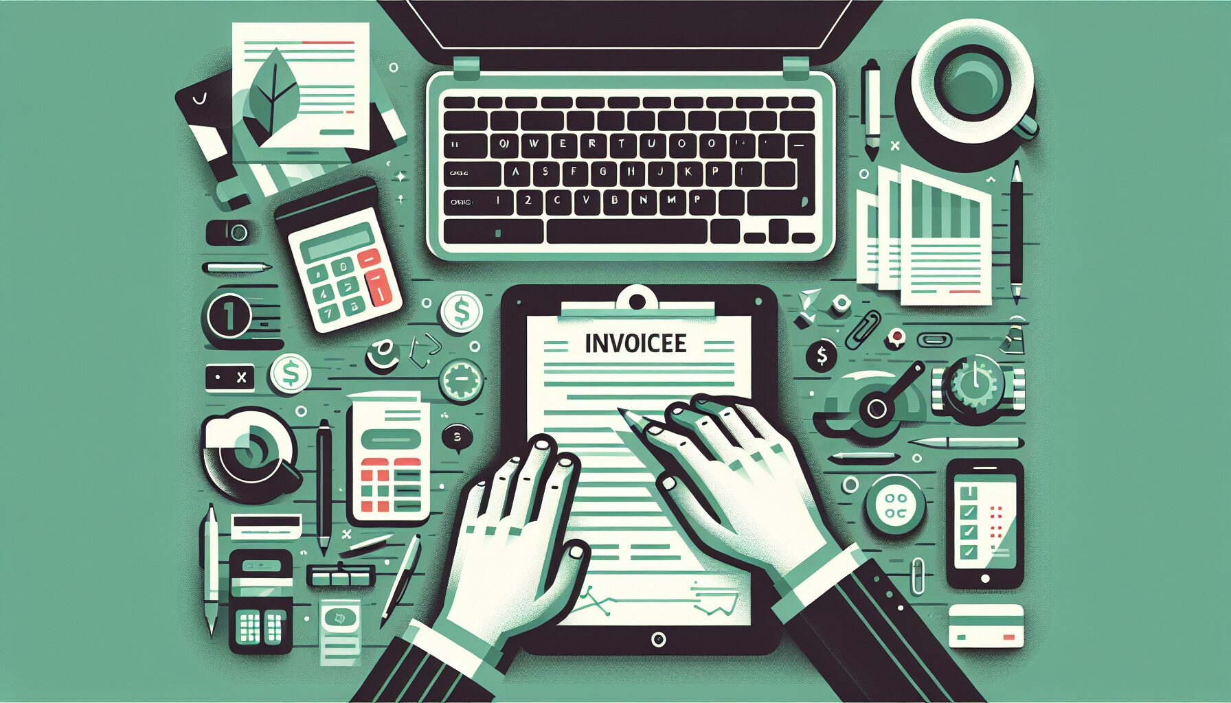パソコンで請求書を作成しているフリーランスの手元とデスク周りのフラットイラスト、グリーン系カラー、テキストなし