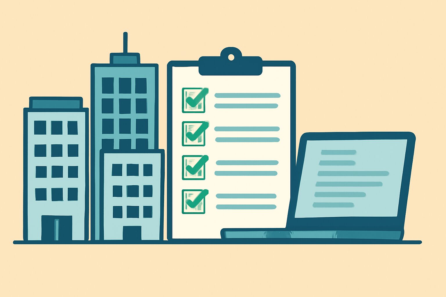 バーチャルオフィスの比較表をイメージしたフラットデザインのイラスト。複数のオフィスビルとノートパソコン、チェックリストが
