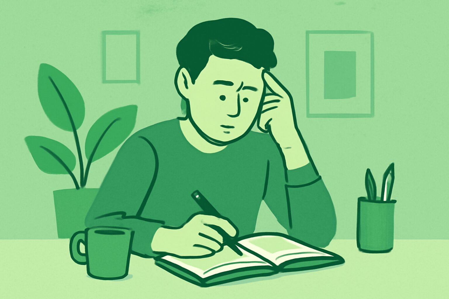 デスクでノートにアイデアをメモしながら考え込んでいる人物のフラットイラスト、グリーン系カラー、テキストなし