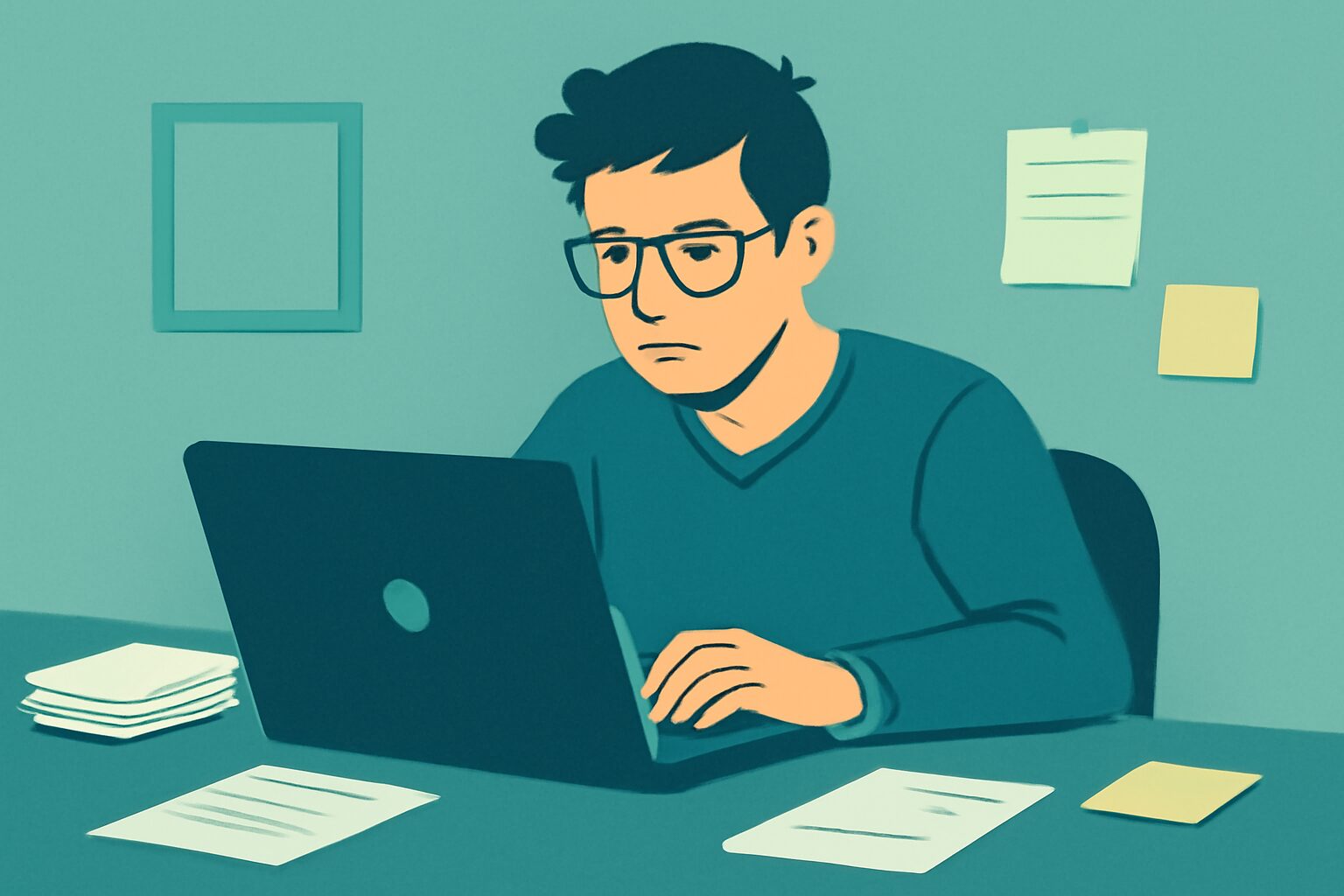 フリーランスプログラマーがノートパソコンの前で真剣に作業している様子のフラットイラスト、デスク周りに書類やメモが置かれて