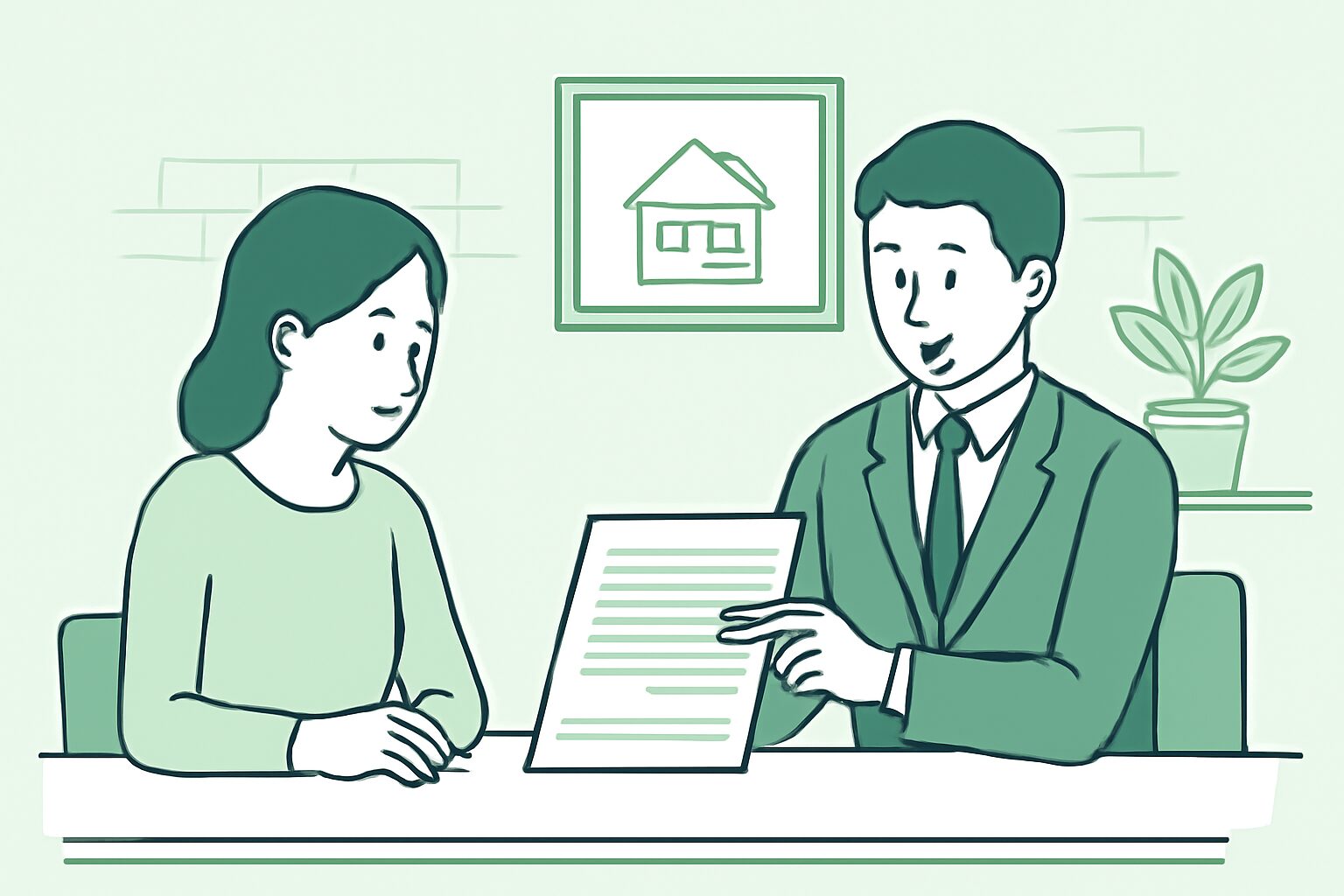 不動産会社のカウンターでスタッフが書類を見ながら相談に乗っているフラットイラスト、グリーン・ホワイト系カラー、テキストな