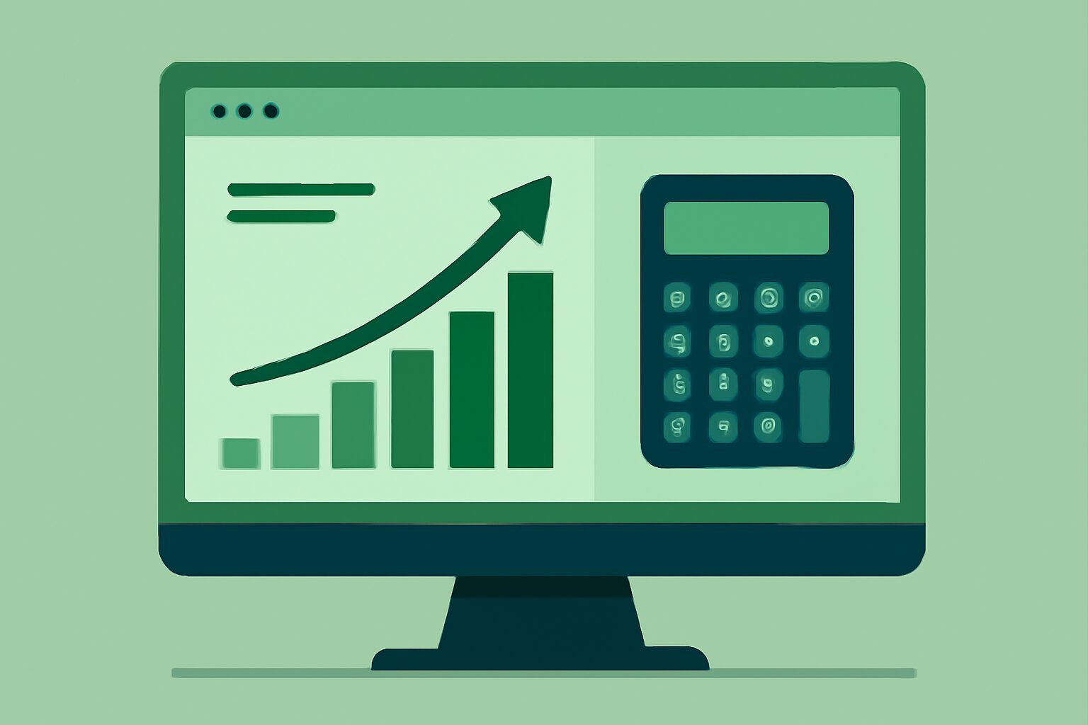 上昇するグラフと電卓が描かれたダッシュボード画面のフラットイラスト、グリーン・ネイビー系カラー、テキストなし