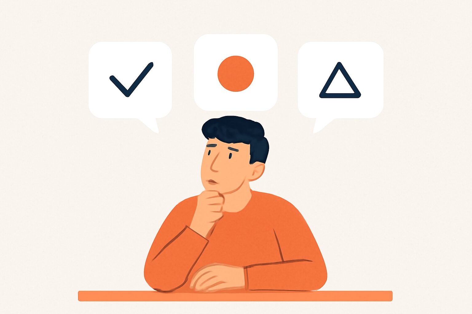 3つの選択肢を比較検討している人物のフラットイラスト、オレンジと青のアクセントカラー、テキストなし