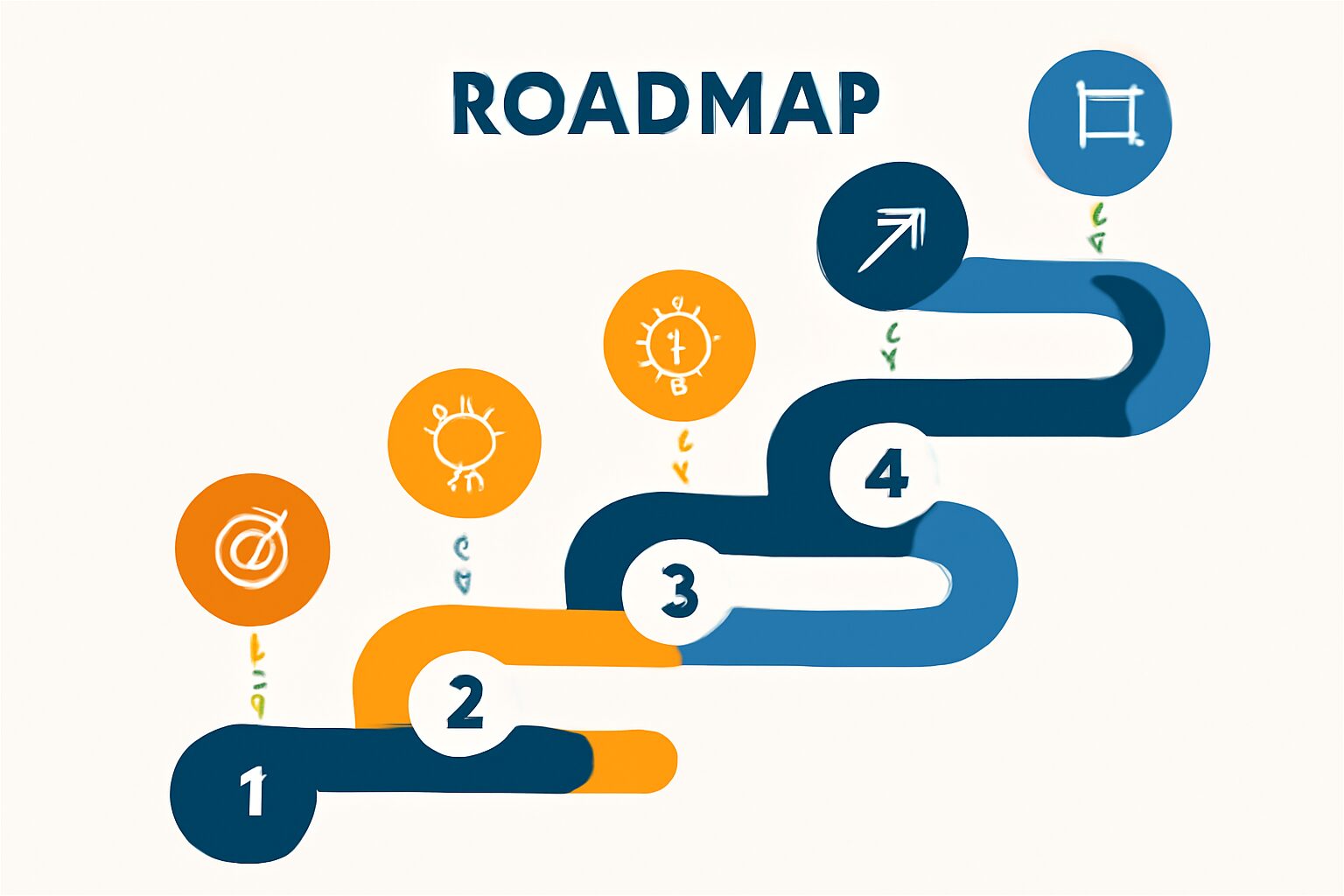 5段階のステップを示すロードマップのフラットイラスト、各ステップにアイコン付き、青とオレンジのカラー、テキストなし