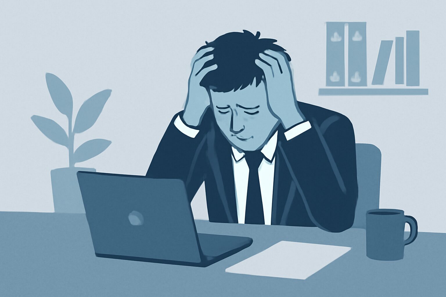 デスクの前で頭を抱えて悩んでいるビジネスパーソンのフラットイラスト、グレーとブルーのトーン、テキストなし