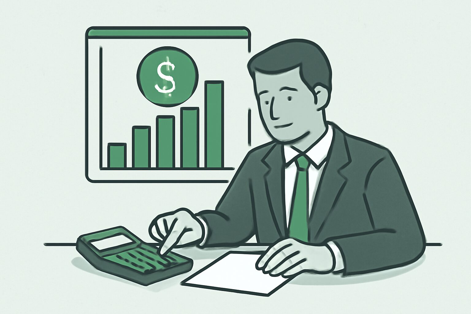 グラフと電卓を使って報酬を計算しているビジネスパーソンのフラットイラスト、緑とグレーの配色、テキストなし
